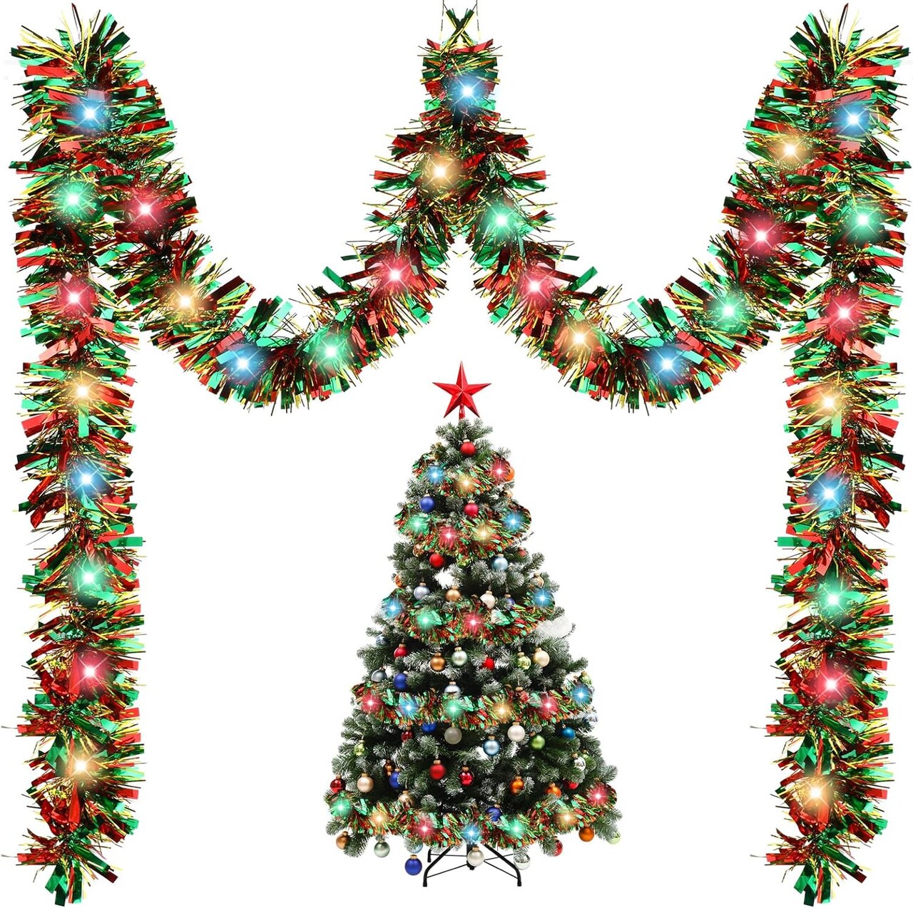 Tree Decoration Prelit Tinsel Garland Battery Operated 50 LED Christmas Garland Multicolor Garland for Xmas Home Outdoor Decor(Multicolor, Red and Green)